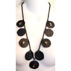 Heidi Klum Necklace Black Metal Discs Chain Gold Acrylic Cab 30" Edgy Modernist